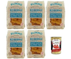 Rummo Pasta sin gluten Mezzi Rigatoni N° 51, bronce dibujado sin gluten, perfecto para personas con enfermedad celíaca o intolerancia al gluten, 5 x 400 g + Polpa italiana Gourmet 400 g