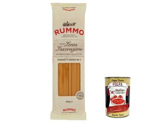 Rummo Spaghetti grossi N. 5 pasta de sémola de trigo duro, fideos italianos 500 g + lata italiana Gourmet Polpa di Pomodoro de 400 g