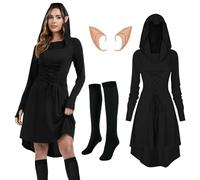 rumnigh Ropa medieval para mujer, ropa gótica medieval, vestido renacentista, vestido con capucha con orejas de elfo y calcetines hasta la rodilla para carnaval Halloween (Negro, S)