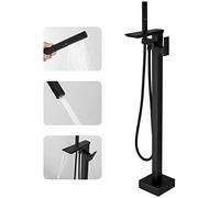 RUMOSE Llenador de bañera de color negro mate, grifo de bañera independiente de montaje en suelo, grifo de bañera independiente de cascada, grifo de bañera de latón de alto flujo con pulverizador de