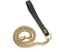 RUMYPET Correa de cadena de perro de oro de 18 quilates, 11 mm/15 mm, a prueba de masticación, cadena de eslabones cubanos de acero inoxidable 316L con mango de cuero suave, hermosa correa para