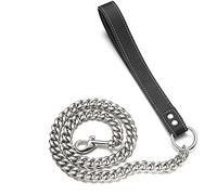 RUMYPET Correa de perro de plata de 11 mm/15 mm, resistente a la masticación, cadena de eslabones cubanos de acero inoxidable 316L con mango de cuero auténtico, entrenamiento para caminar de 3 pies/4
