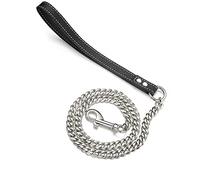RUMYPET Correa de perro de plata de 11 mm/15 mm, resistente a la masticación, cadena de eslabones cubanos de acero inoxidable 316L con mango de cuero auténtico, entrenamiento para caminar de 3 pies/4