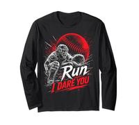 Run Steal I Dare You Baseball Catcher Vintage Humor Manga Larga