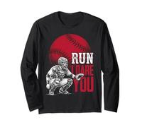 Run Steal I Dare You Baseball Catcher Vintage Humor Manga Larga