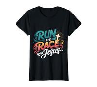 Run The Race with Jesus Fe del Corredor Cristiano - Camiseta gráfica económica, Mujer, Negro, L
