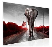 Runa Art Cuadro XXL África Elefante 200 x 80 cm Rojo Gris 5 Piezas - Made in Germany - 042655b