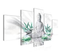 Runa Art - Cuadros Decorativos Buda Feng Shui 200 x 100 cm 5 Piezas XXL Decoracion de Pared Diseño Gris Turquesa 011651b