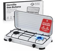 RUNA GOODS - Hornillo Gas Butano Portátil 2 Fuegos, Acero inoxidable, llama potente y estable, regulación precisa, camping, jardín, caravana, emergencias