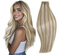RUNATURE Extension Cortina Pelo Humano 20 Pulgadas 100 Gram Extensiones de Cabello Natural Sew in Weave Cabello Bundles Destacar Marrón Claro con Rubia Platino Remy Hair Weft #8P60