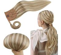 RUNATURE Extensión De Cola De Caballo Clip in Ponytail Wrap Around Color 8P60 Marrón Claro Mezclado Rubio Platino Human Hair Ponytail Extensions 16 Pulgada 80g 40cm