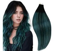 RUNATURE Extensiones Adhesivas Pelo Natural Negro Ombre Teal 40cm 20pcs 50g #1b/Teal