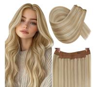 RUNATURE Extensiones Hilo Pelo Natural Rubio Ceniza con Rubia Platino 30cm 70g Extensiones de Pelo Humano con Hilo Invisible #18P613