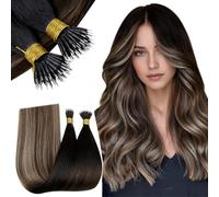 RUNATURE Extensiones Nano Ring Cabello Natural Balayage Negro a Castano Medio Ombre Rubio Nano Beads Extensiones Pelo Natural Ombre 20 Pulgada/50cm 50s/50g #1B/4/27