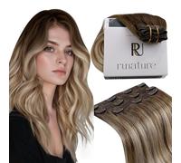 RUNATURE Extensiones Pelo Natural con Clip Castaño a Castaño Claro con Rubio 3 Piezas 35cm 50g Extensiones de Clip de Pelo Natural Liso #3/8/22