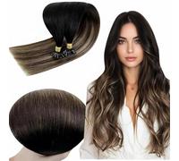RUNATURE Extensiones Pelo Natural Queratina 55cm 50g 50s Balayage Negro a Castano Medio Ombre Rubio #1B/6/27