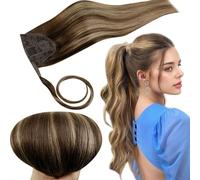 RUNATURE Extensiones Ponytail Pelo Humano 80g 20 Pulgadas/50cm Clip in Human Hair Extension Balayage Dark Brown Ombre Caramel Blonde Ponytail Extensiones Cabello Real #4/27/4