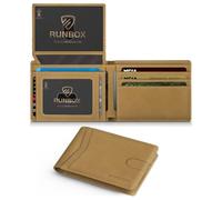 RUNBOX Cartera delgada de cuero RFID para hombre, con 2 ventanas de identificación con caja de regalo, Shepherd Khaki, Retro