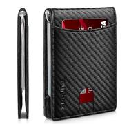 RUNBOX Cartera Delgada para Hombre, de Piel auténtica, Bloqueo RFID, Plegable, Minimalista, Bolsillo Frontal, con Clip para Dinero, Caja de Regalo Delgada, A Carbon Black-6 Ranuras, Classic