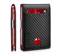 RUNBOX Carteras Delgadas con Clip para Dinero para Hombre, Bloqueo RFID, 11 tarjeteros, Minimalista, pequeño, de Cuero, Plegable, con Bolsillo Frontal, Caja de Regalo, Negro carbón y Rojo, M,