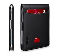 RUNBOX Carteras delgadas con clip para dinero para hombres, tarjetero minimalista de cuero pequeño plegable con bloqueo RFID, cartera de bolsillo frontal para hombre con 11 ranuras para tarjetas, caja