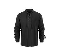 Runcati Camisa de hombre medieval steampunk pirata disfraz vikingo con cordones victoriano renacentista cuello alto cosplay top, Negro , M
