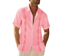 Runcati Camisa de verano de manga corta para hombre Guayabera mexicana camisas vacaciones playa camisa de lino con estampado, Rosa., L