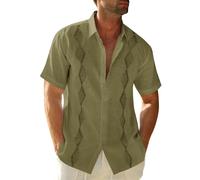 Runcati Camisa de verano de manga corta para hombre Guayabera mexicana camisas vacaciones playa camisa de lino con estampado, verde militar, S