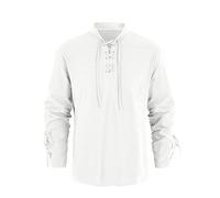 Runcati Camisa medieval para hombre Steampunk, disfraz de pirata, camisa victoriana renacentista, cuello alto, cosplay, Blanco, M