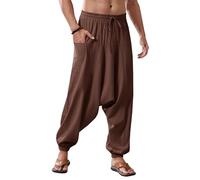 Runcati Pantalones harén de algodón para hombre, holgados, hippie, informales, de lino, para yoga, playa, entrepierna, marrón, M
