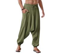 Runcati Pantalones harén de algodón para hombre, holgados, hippie, informales, de lino, para yoga, playa, entrepierna, verde, L