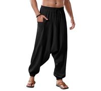 Runcati Pantalones harén de algodón para hombre, holgados, hippie, informales, de lino, para yoga, playa, entrepierna, Negro , M