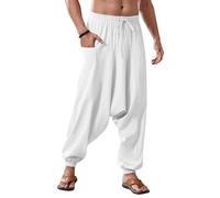 Runcati Pantalones harén de algodón para hombre, holgados, hippie, informales, de lino, para yoga, playa, entrepierna, Blanco, L