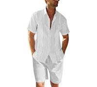 Runcati Set de 2 piezas para hombre de lino, ajuste regular, camisa de playa con botones y pantalones cortos de manga corta, conjunto de verano, Blanco, M