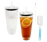 Rundago Juego de 2 Vasos de Cristal con Tapa y Pajita - Vasos de Vidrio Acanalado de 450 ML para Café, Batidos, Jugo y Más - Ideal para Bubble Tea y Matcha
