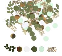 RUNEAY Confeti Happy Birthday, 400 unidades, color verde y dorado, decoración de mesa de cumpleaños para niñas y niños, confeti de hojas y círculos, resistente al viento