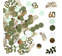 RUNEAY Confeti para 60 cumpleaños, 400 unidades, decoración de cumpleaños, confeti Happy Birthday, verde y oro con diseño de hojas y círculos