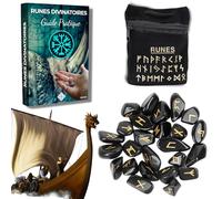 Runes - Pack de 25 runas de obsidiana grabadas (2 cm x 1 cm) + bolsa negra + libro práctico (PDF) - Alfabeto futhark perfecto para adivinación, visión