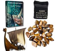 Runes - Pack de 25 runas de piedra tigre grabadas (2x1 cm) + bolsa negra + libro práctico (PDF) - Alfabeto Futhark para adivinación y visión