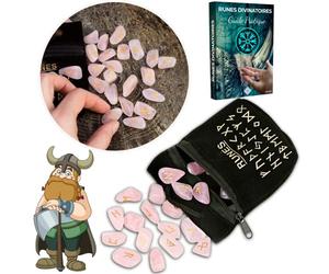 Runes - Pack de 25 runas de piedras naturales de cuarzo rosa grabadas (2 cm x 1 cm) + bolsa negra + libro práctico (PDF) - Alfabeto rúnica Futhark perfecto para adivinación, visión