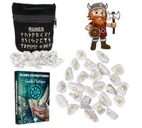 Runes - Pack de 25 runas de piedras naturales de HOWLITE grabadas (2 cm x 1 cm) + bolsa negra + libro práctico (PDF) - Alfabeto rúnica Futhark perfecto para adivinación, visión