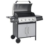 Runheo Barbacoa de gas con 4 llamas y 1 quemador lateral negro plateado, acero y acero inoxidable, superficie de parrilla de 64 x 40 cm, con termómetro, bandeja recolectora de grasa, armario inferior