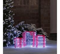 Runheo Caja de regalo decorativa acrílica con tiras LED blancas frías, 20 x 20 x 21 cm, juego de 3 piezas, elegante decoración para árbol de Navidad, figura festiva con arco rojo para Adviento e