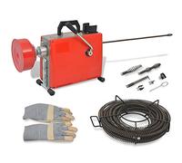 Runheo Máquina limpiadora de tuberías de 250 W con espiral de 15 m, 16 mm, espiral de 4,5 m y 9,5 mm, incluye juego de cabezales de perforación, guantes de piel para limpieza de tuberías doméstica y