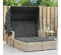 Runheo Tumbona doble con techo y cojín gris claro PE ratán, respaldo ajustable, resistente a la intemperie, plegable, ergonómica para jardín, terraza, balcón