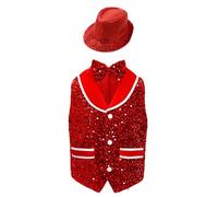 Runhomal - Chaleco de terciopelo con pajarita + sombrero con lentejuelas rojas de 15 a 16 años