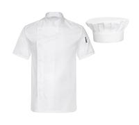 Runhomal - Chaqueta de chef para hombre y mujer, con sombrero de cocina, uniforme de trabajo, cocina de manga corta, blanco, XL
