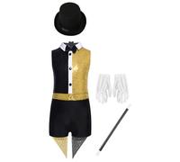 Runhomal Circo Mago Styling Suit Girl Set 4 piezas lentejuelas brillantes mono Bowknot + sombrero + guantes + palo mágico Halloween oro 5-6 años