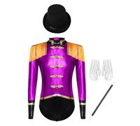 Runhomal Circo Mago Styling Suit Girl Set 4 piezas superficie brillante Flecos Justaucrops vestido + sombrero + guantes + palo mágico Halloween morado 5-6 años