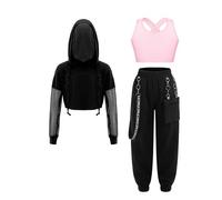 Runhomal Conjunto de 3 piezas Danza Hip Hop Jazz Chica Niño Chaleco Tank Top Sudadera con Capucha Pantalones Casual 5-16 Años, rosa, 15-16 años